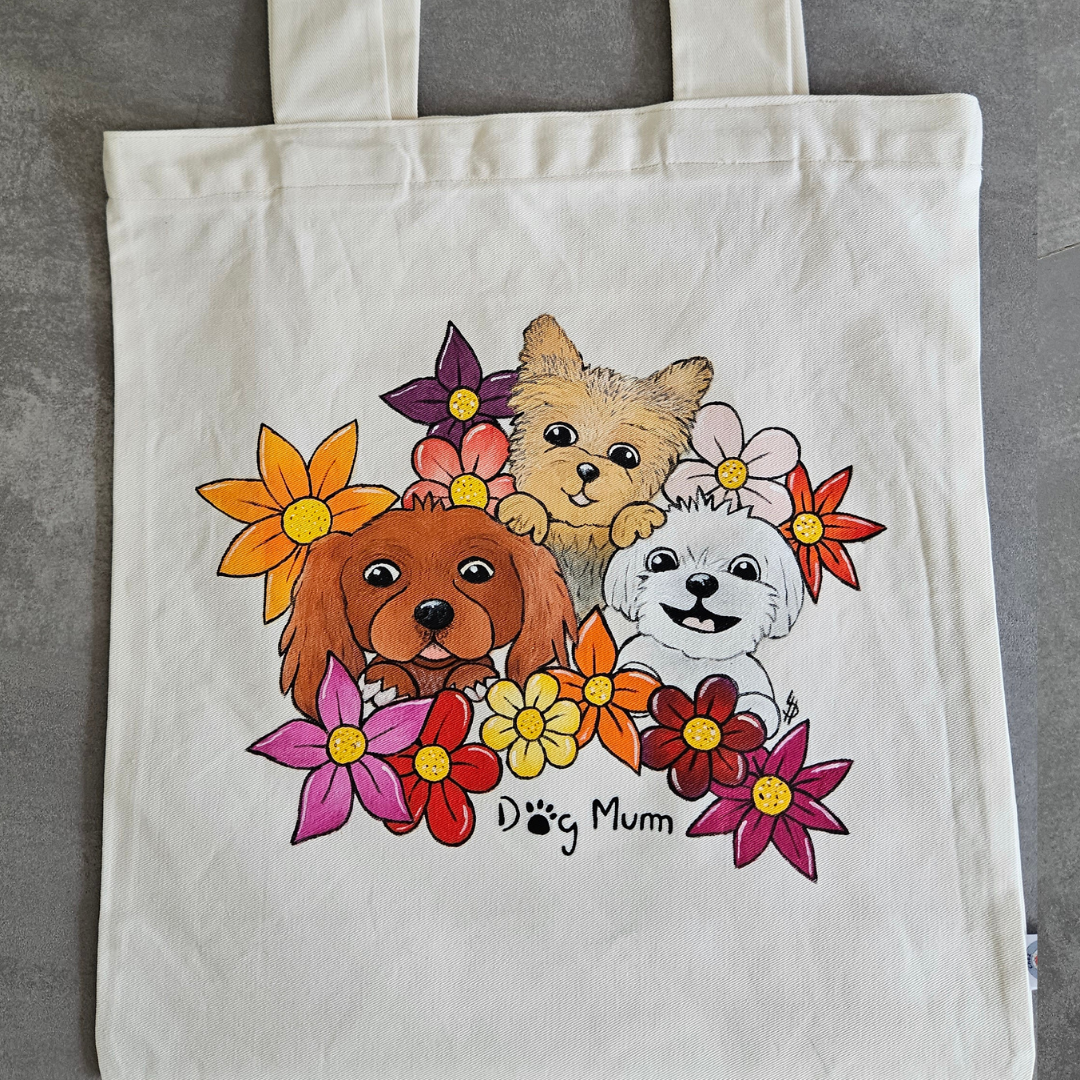 Tote bag à personnaliser trio de chiens et petites fleurs
