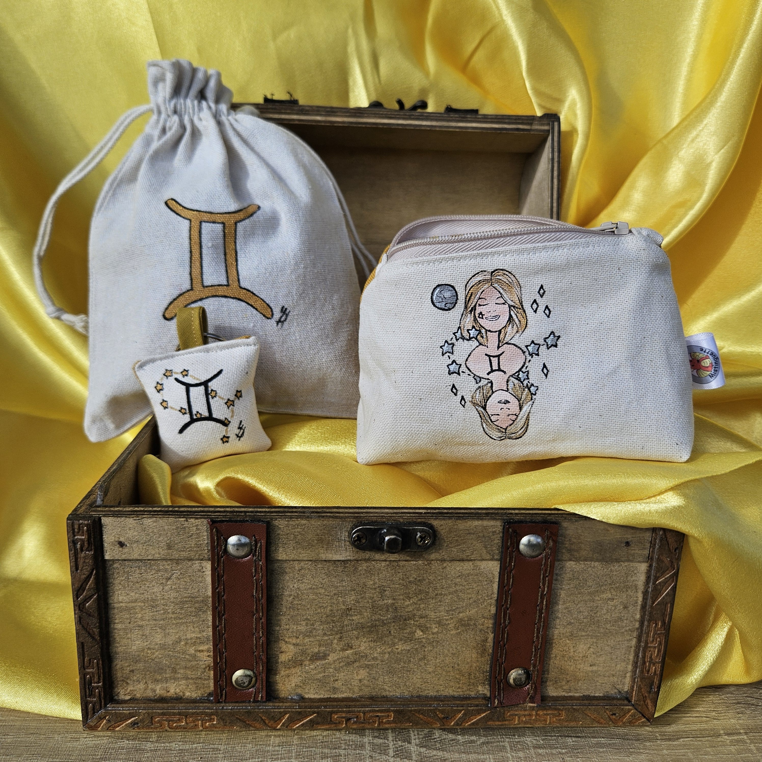 Coffret porte-monnaie et porte-clé Gémeaux avec leur pochon réutilisable